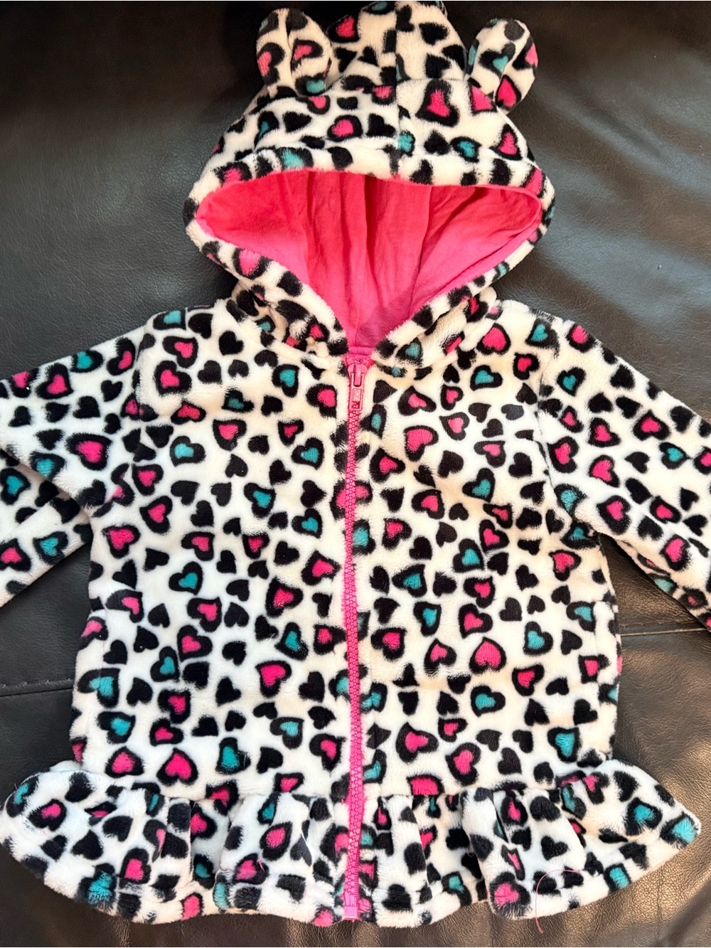 Penelope Mack Pink Lined Fleece with Black, Pink & Teal Heart Print